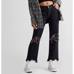 free people black maggie knee hole straight leg mid rise distressed jeans